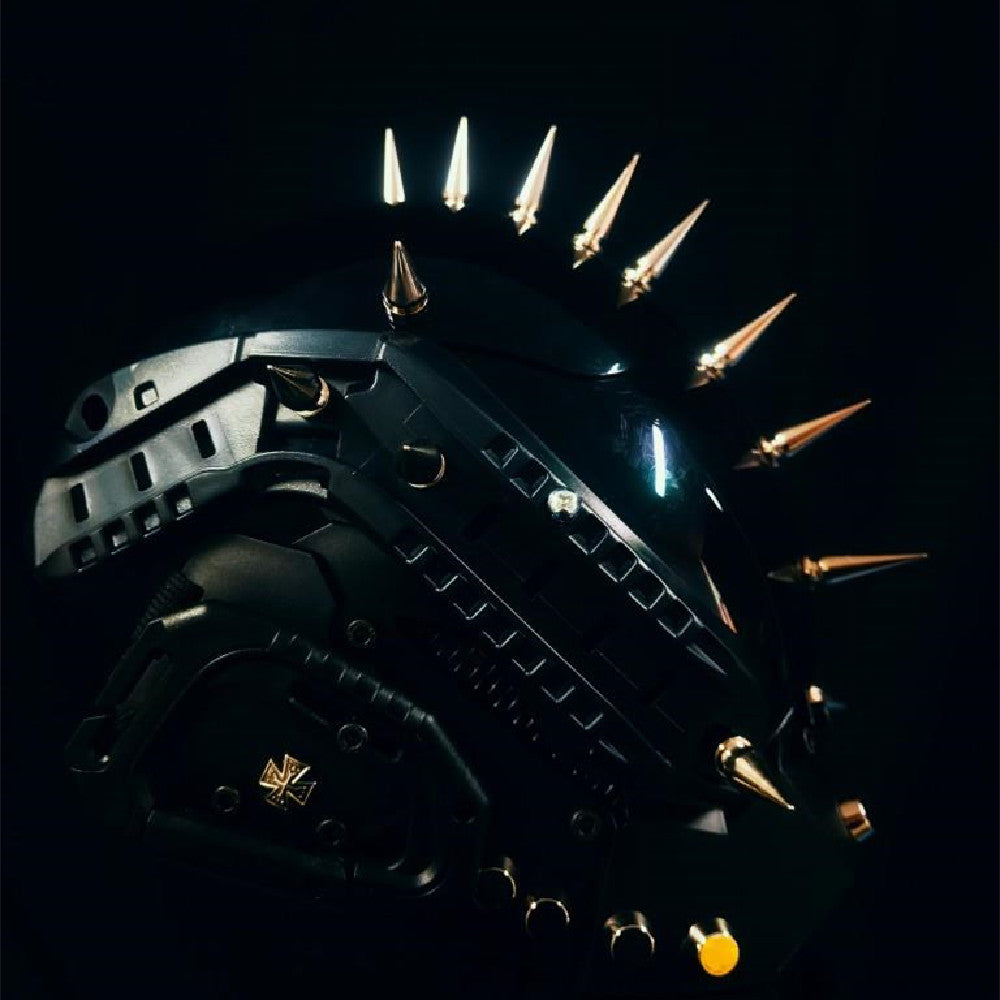 A Mechanical Ascent Mask Gothic Dark Liutin helmet with spikes and spikes on it from Maramalive™.