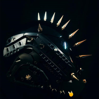 A Maramalive™ Gothic Mechanical Ascent Mask featuring retro helmet design adorned with spikes and rivets, with the empowering phrase "be brave, you.