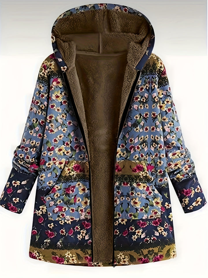 A long, hooded parka with a floral pattern in shades of blue, green, and burgundy, featuring a plush, brown lining and two large front pockets. Perfect for winter, this Maramalive™ Plus Size Boho Coat – Women's Plus Patchwork Print Liner Fleece Long Sleeve Zipper Hooded Tunic Coat With Pockets – is crafted from durable polyester to keep you warm and stylish.