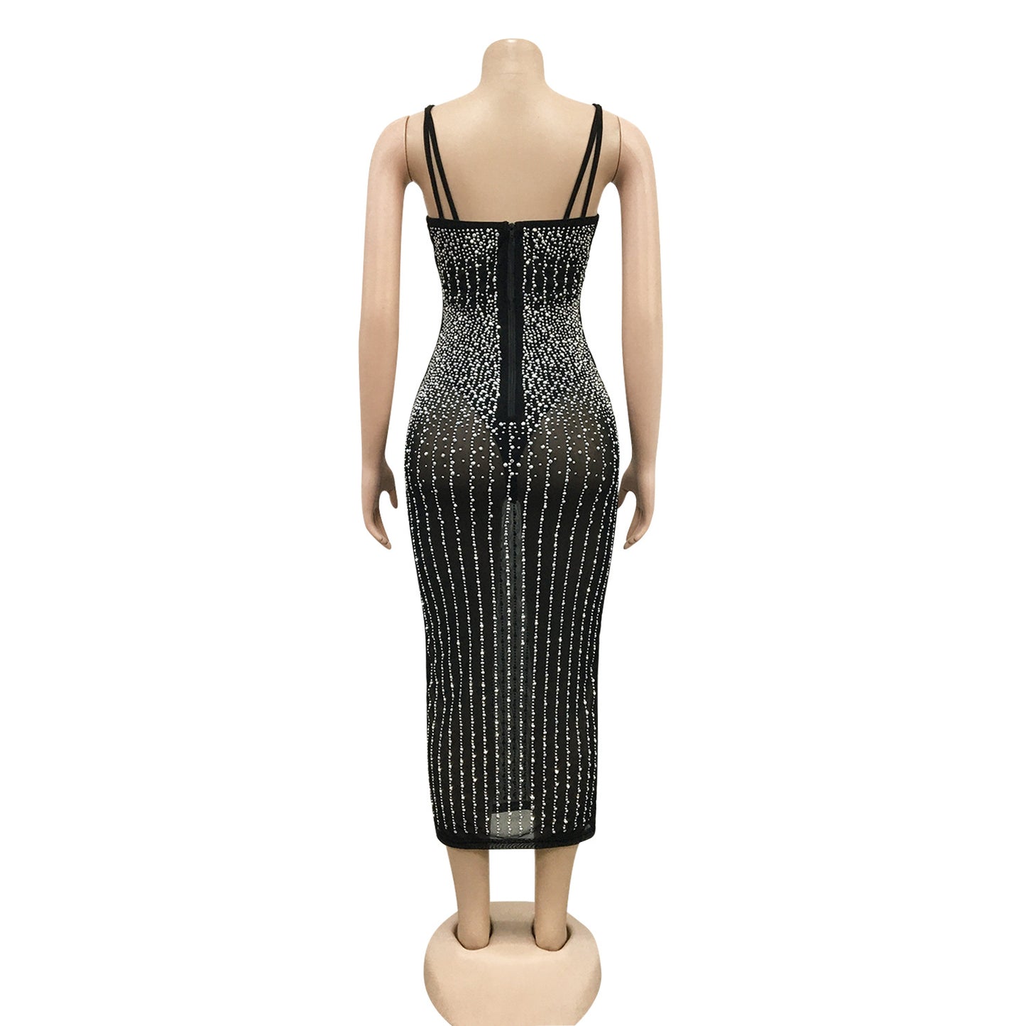 Mesh See-through Rhinestone-studded Sling Dress
