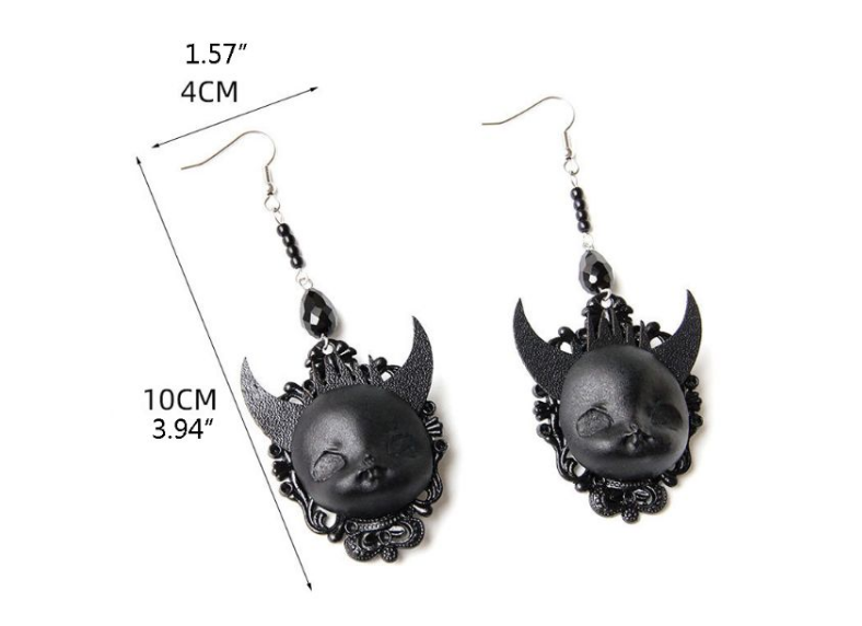 A vintage mannequin wearing Maramalive™ Gothic Punk Black Lolita Earrings Devil Death Earrings Witch Babys Dolls Drop Earrings Halloween Costume Fashion Jewelry.