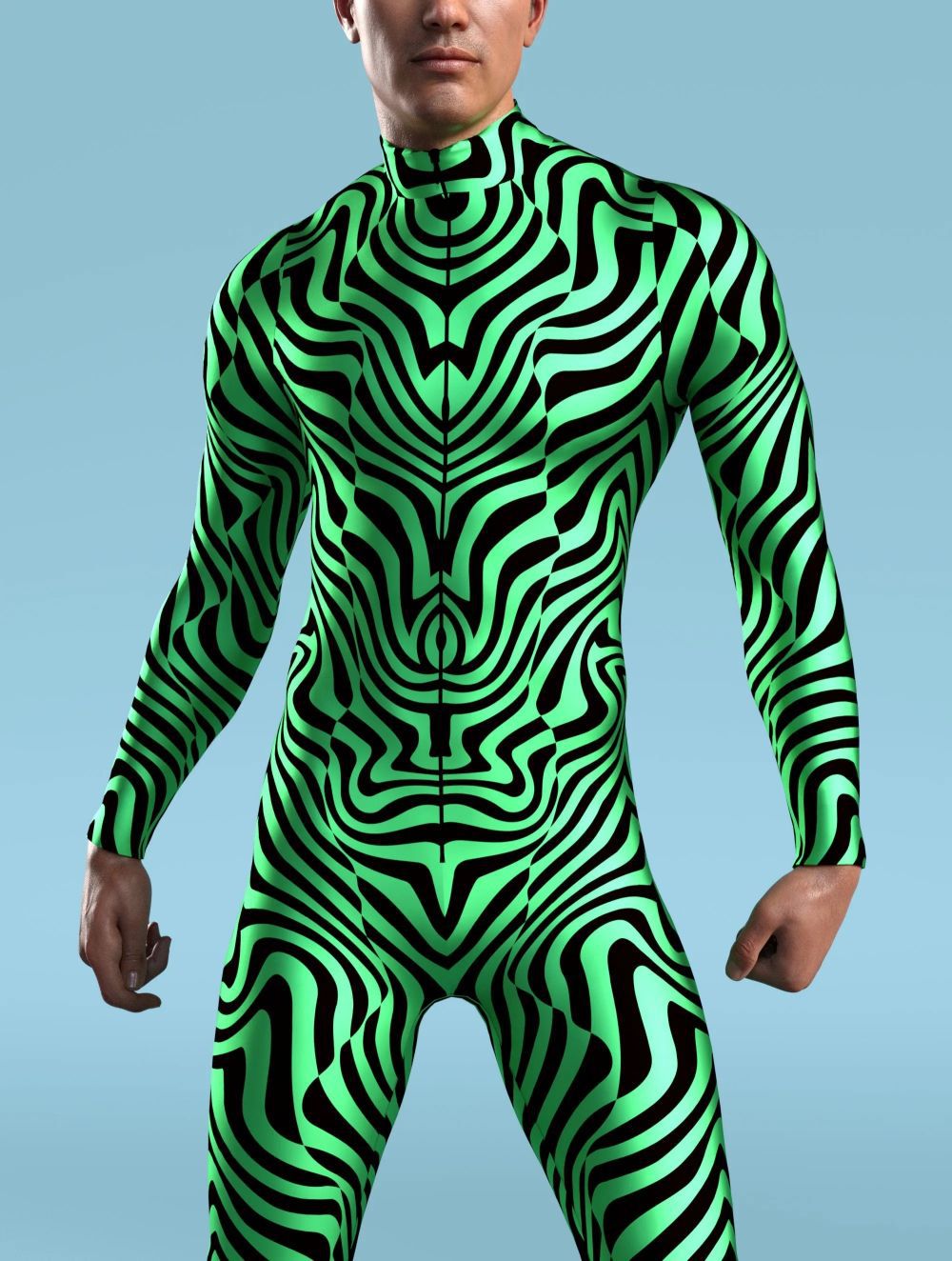 Person wearing a full-body, green and black striped Maramalive™ Halloween Tights 3D Digital Printing Cos One-piece Play Costume with a complex, geometric pattern, standing against a plain blue background.