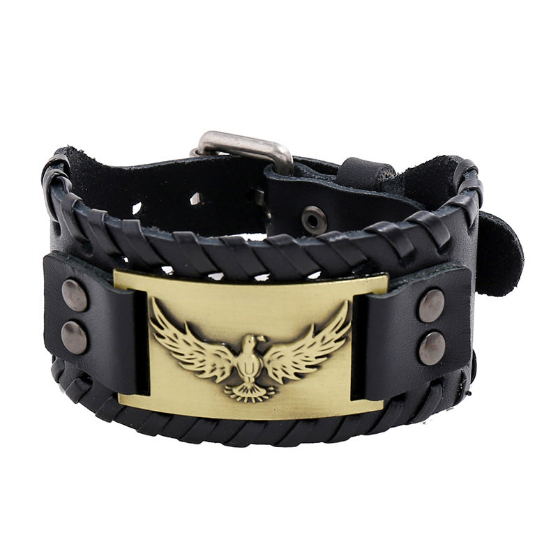 A person wearing a Vintage Weave Nordic Viking Pirate Leather Bracelet with an eagle on it from Maramalive™.