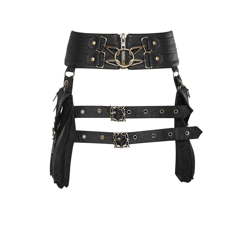 The back view of a woman wearing a Maramalive™ Steampunk PU Leather Women's Bag Outdoor waist belt.