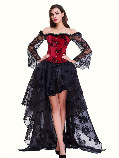Gothic Style Off Shoulder Costumes, Vintage Contrast Lace Button Decor Carnival Costume, Women's Clothing