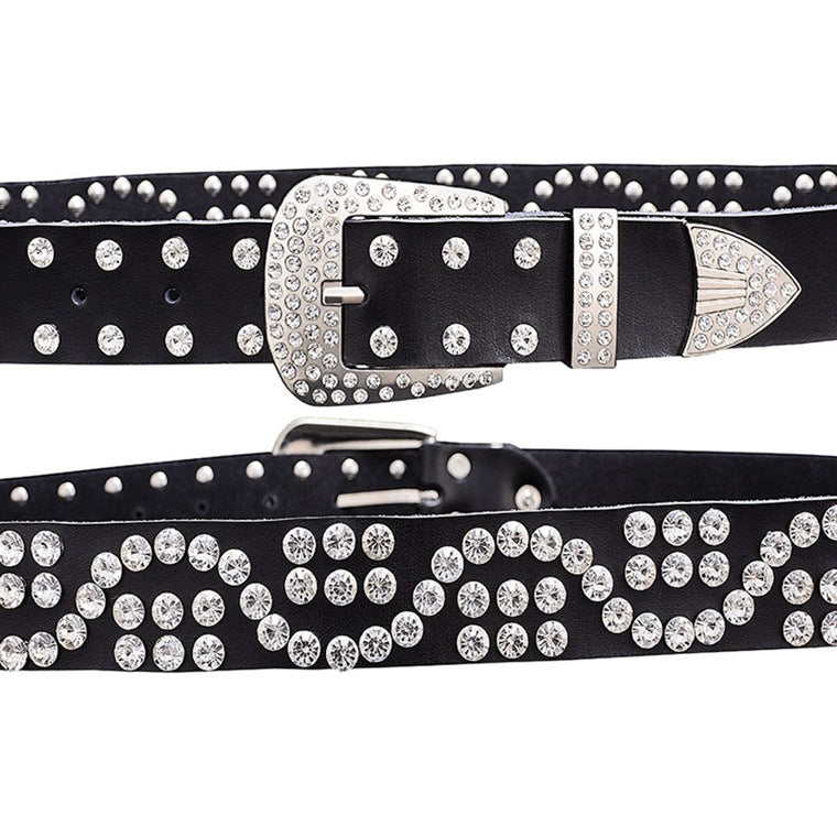 Leather Ladies Belt With Diamond-studded Cowhide Pin Buckle