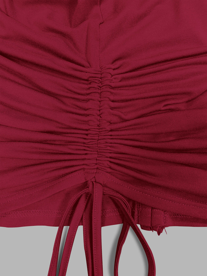 Close-up of a red vintage-style garment with gathered ruched fabric in the center, adjustable ties at the bottom, and visible stitching details. This piece is part of the Flower & Sculpture Print Two-piece Set, Cold Shoulder Batwing Sleeve Top & Drawstring V Neck Cami Top Outfits from Maramalive™'s Women's Clothing collection.