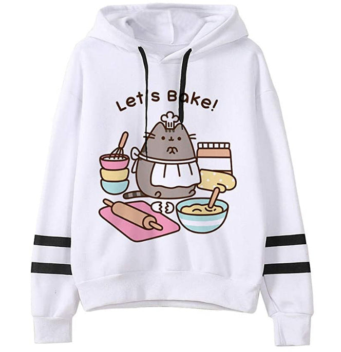 Relaxed fit white **Cozy Loose Fit Hoodies for Snug, Comfortable Warmth** with black stripes on sleeves featuring a cartoon cat in a chef hat, apron, and the text "Let's Bake!" surrounded by baking utensils and ingredients. Cozy and comfortable, crafted from soft fleece fabric for ultimate warmth. **Maramalive™**