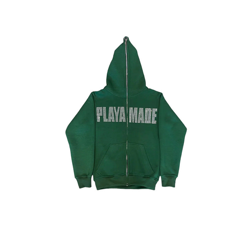 A Maramalive™ Letter New Long-sleeve Zipper Hoodie Fashion Casual Punk Coat Sweatshirt with the text "PLAYA MADE" in large white letters across the chest. This street hipster hoodie features a front zipper, two pockets, and is made from durable polyester fabric.