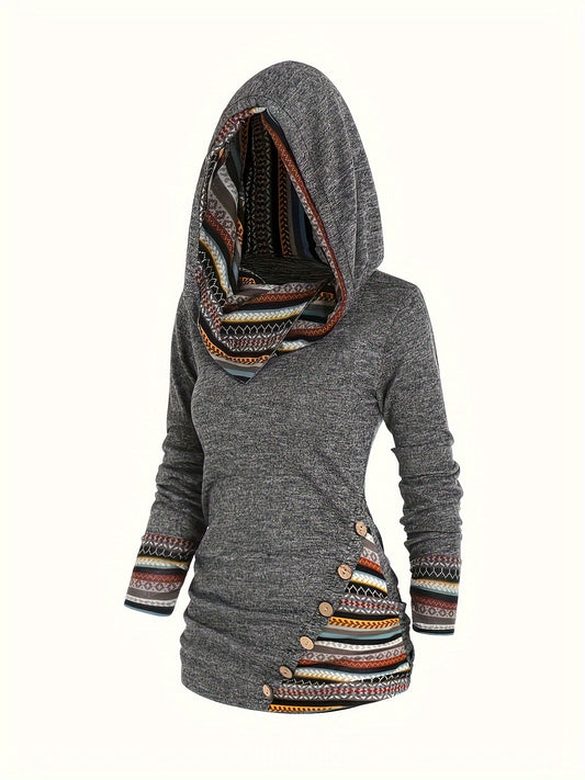 A casual gray hooded sweater with patterned trim on the cuffs, hood, and side, featuring decorative buttons along one hip. Made from soft polyester for a comfortable fit. Introducing the Plus Size Retro Top, Women's Plus Colorblock Geometric Print Hooded Long Sleeve Button Decor Slim Fit Slight Stretch Top by Maramalive™.