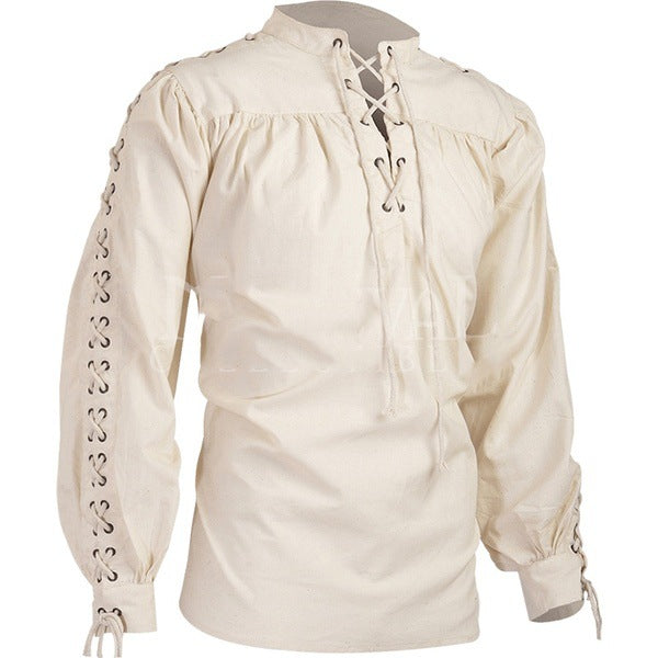A pair of New Men's Bandage Long Sleeve Gothic shirts made from cotton and linen, branded as Maramalive™.
