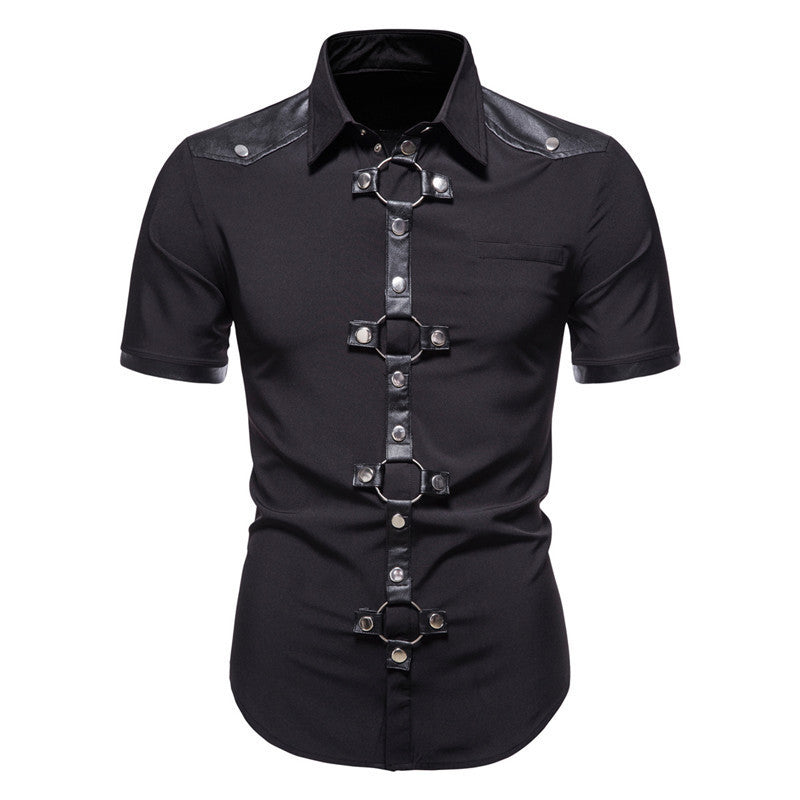 Maramalive™'s New European And American Men's Gothic Style Rivet Leather Patchwork Short-sleeved Shirt Simple Fashion Costume with metal buttons in large sizes and color matching.