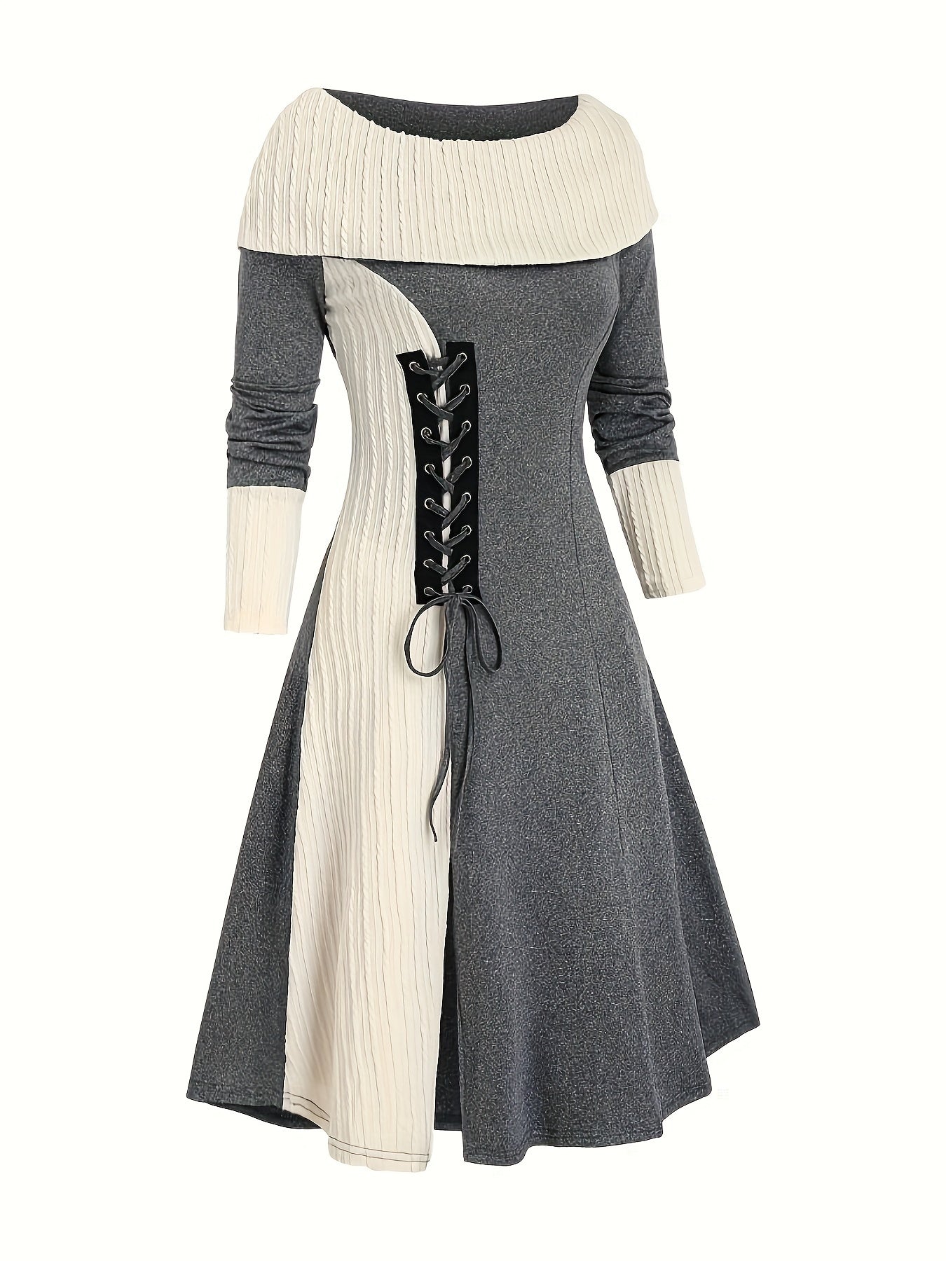 Plus Size Casual Dress, Women's Plus Colorblock Jacquard Long Sleeve Foldover Collar Lace Up Split Hem Dress