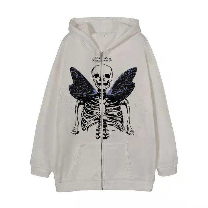 White Comfy Zipper Hoodies for Fall: Hooded Sweatshirts & Sweaters by Maramalive™ with a graphic of a skeleton with butterfly wings on the front, making it an ideal autumn companion.
