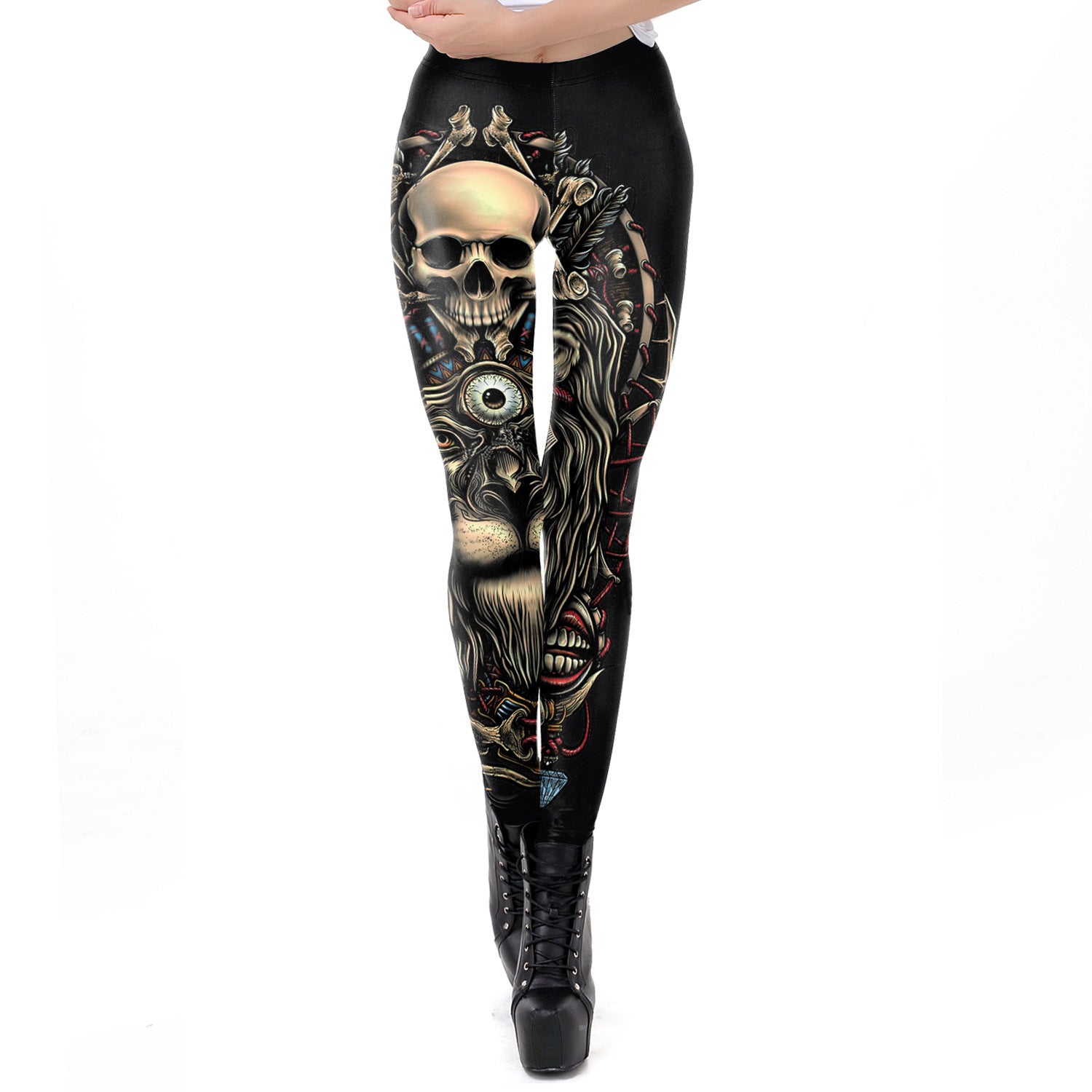 A woman adding a Gothic flair to her outfit with a pair of Maramalive™ Gothic Women's Leggings - Dark Mystic tight pants featuring a skull design.