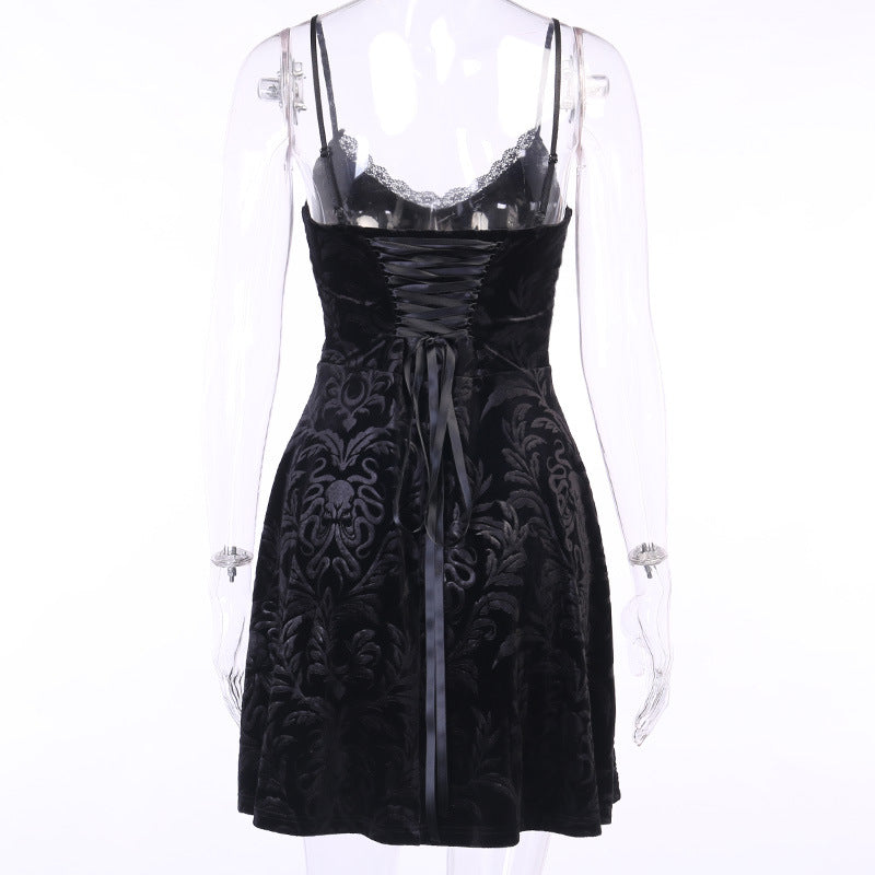 Vintage Little Black Dress - Gothic Mini Dress with Straps with Maramalive™ detailing.