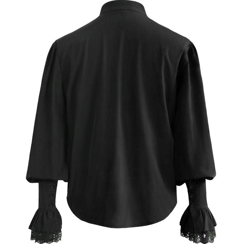 Rear view of a black Men's Pleated Pirate Shirt Medieval Renaissance Cosplay Costume Steampunk Top by Maramalive™, crafted from a cotton blend, with a high collar and lace-trimmed cuffs featuring button accents.