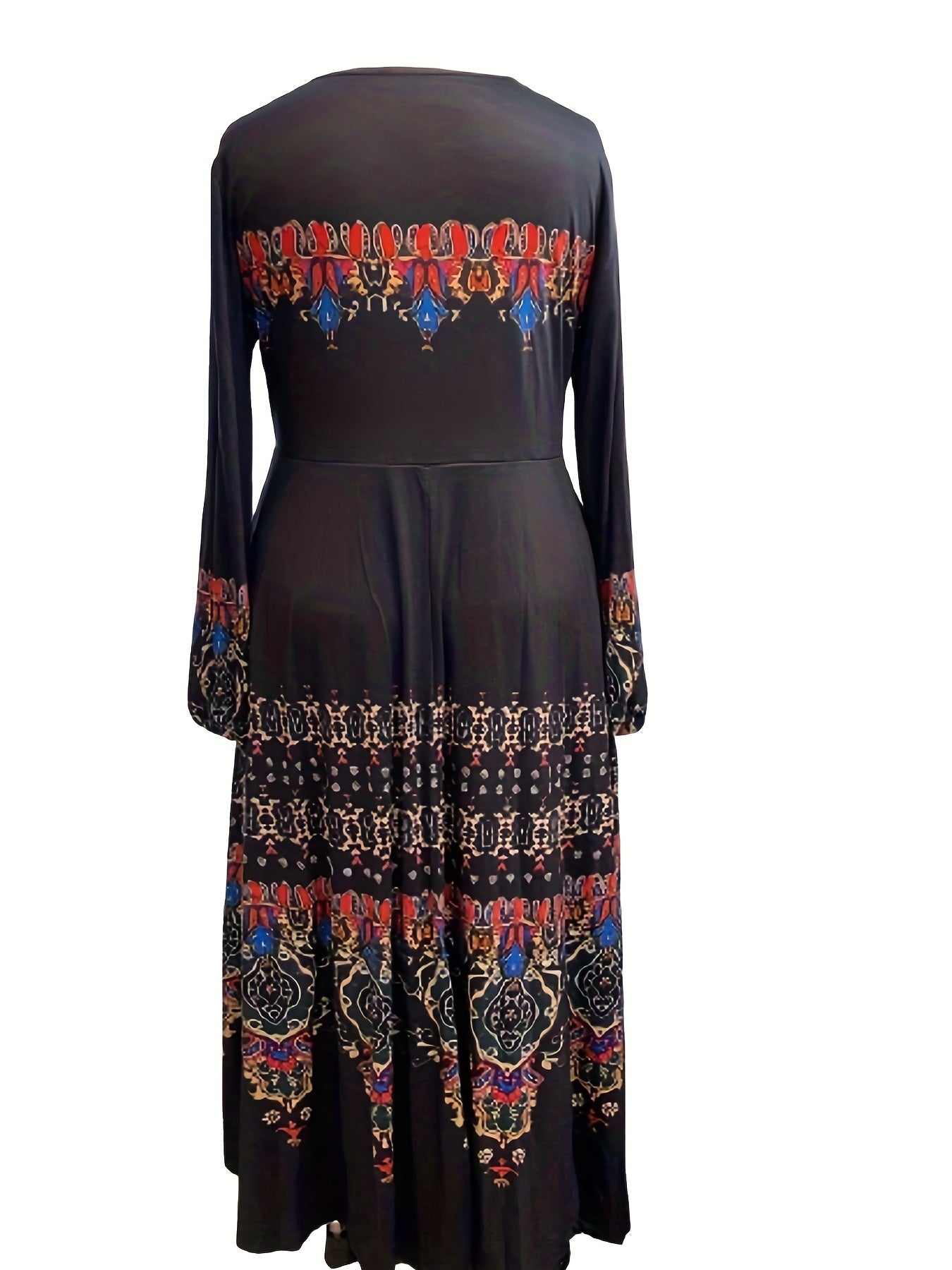 Plus Size Boho Dress, Women's Plus Floral Print Long Sleeve Round Neck Maxi Dress