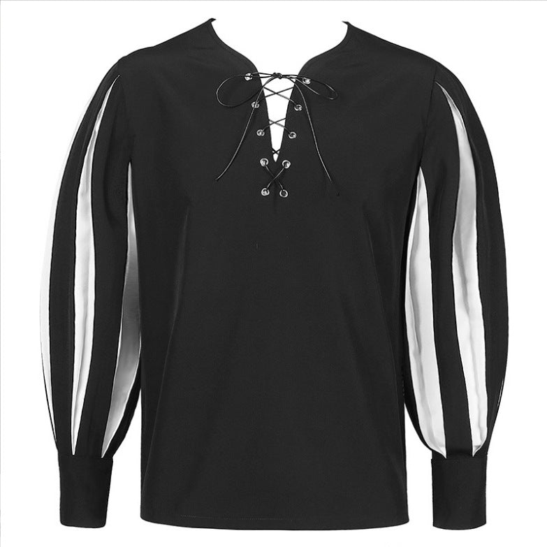 A Retro Color Matching Lace Up Collar Shirt Clothing For Women on a mannequin.