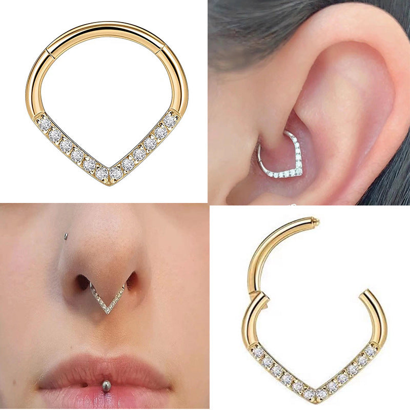 Heart Shaped Silver with zircon stones Nose Ring on a face 