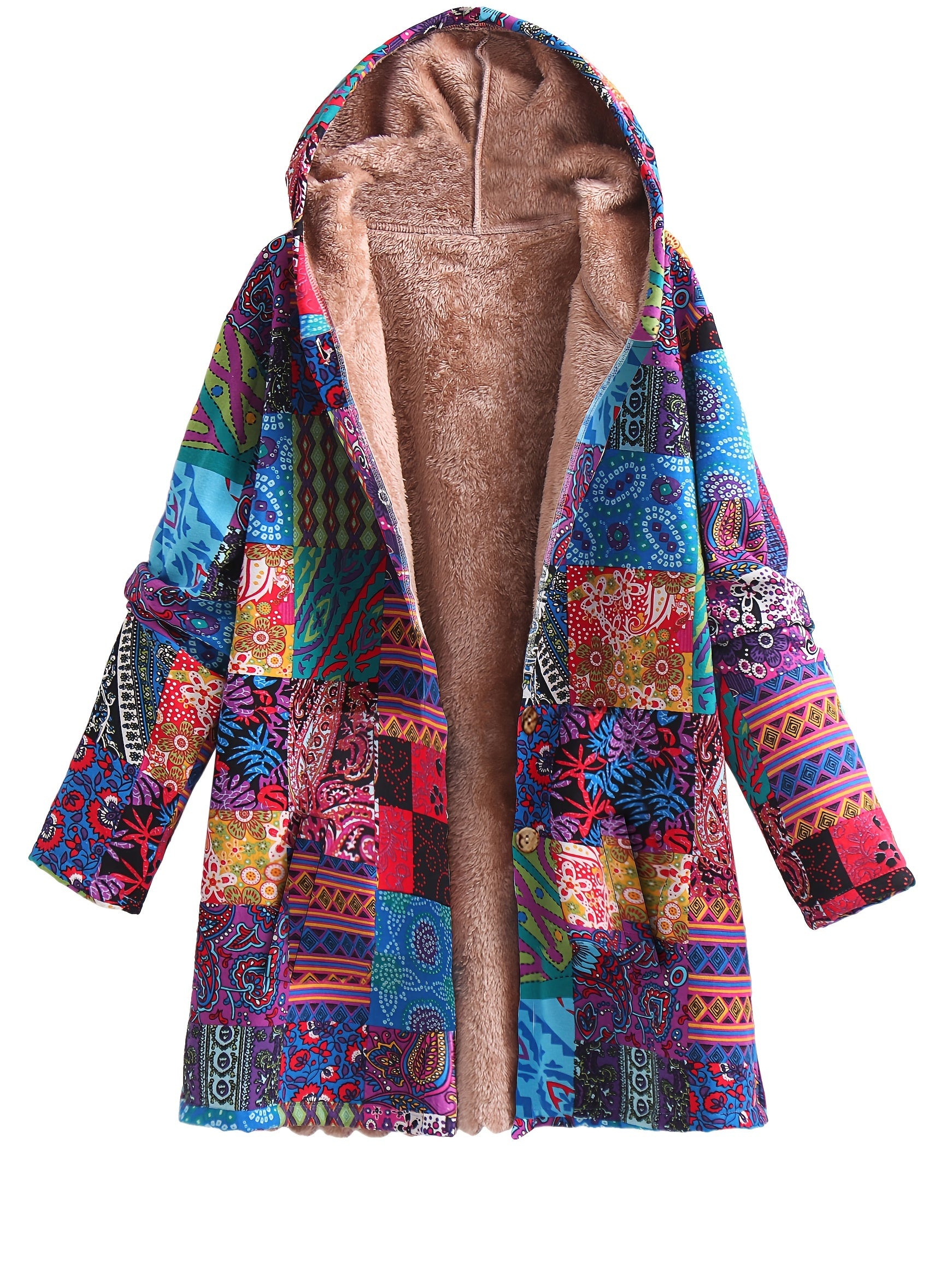 Plus Size Boho Coat, Women's Plus Patchwork Print Liner Fleece Long Sleeve Button Up Hooded Tunic Coat With Pockets