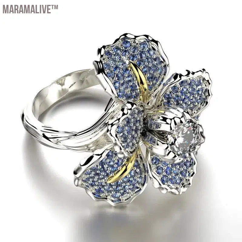 925 Silver Color Ring For Women Mosaic Full Loose Moissanite Iris Two Tone Blue Topaz Flower Party Cocktail Jewelry Ring