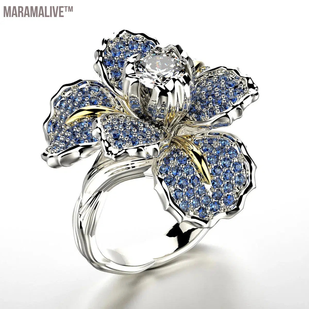 925 Silver Color Ring For Women Mosaic Full Loose Moissanite Iris Two Tone Blue Topaz Flower Party Cocktail Jewelry Ring