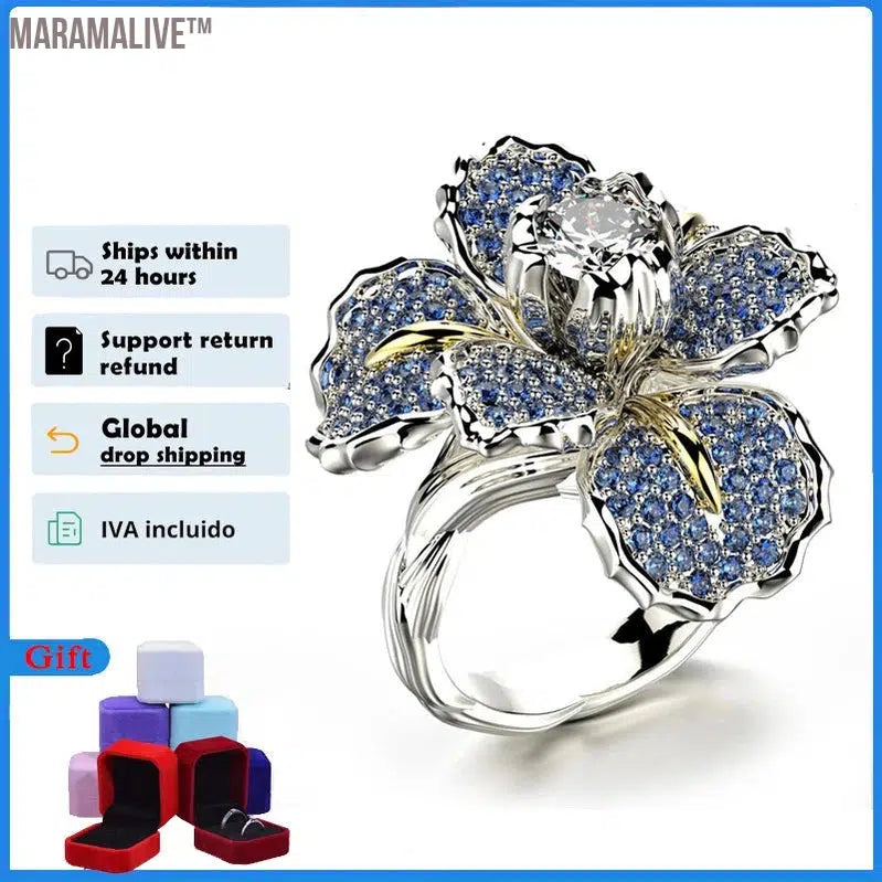 925 Silver Color Ring For Women Mosaic Full Loose Moissanite Iris Two Tone Blue Topaz Flower Party Cocktail Jewelry Ring