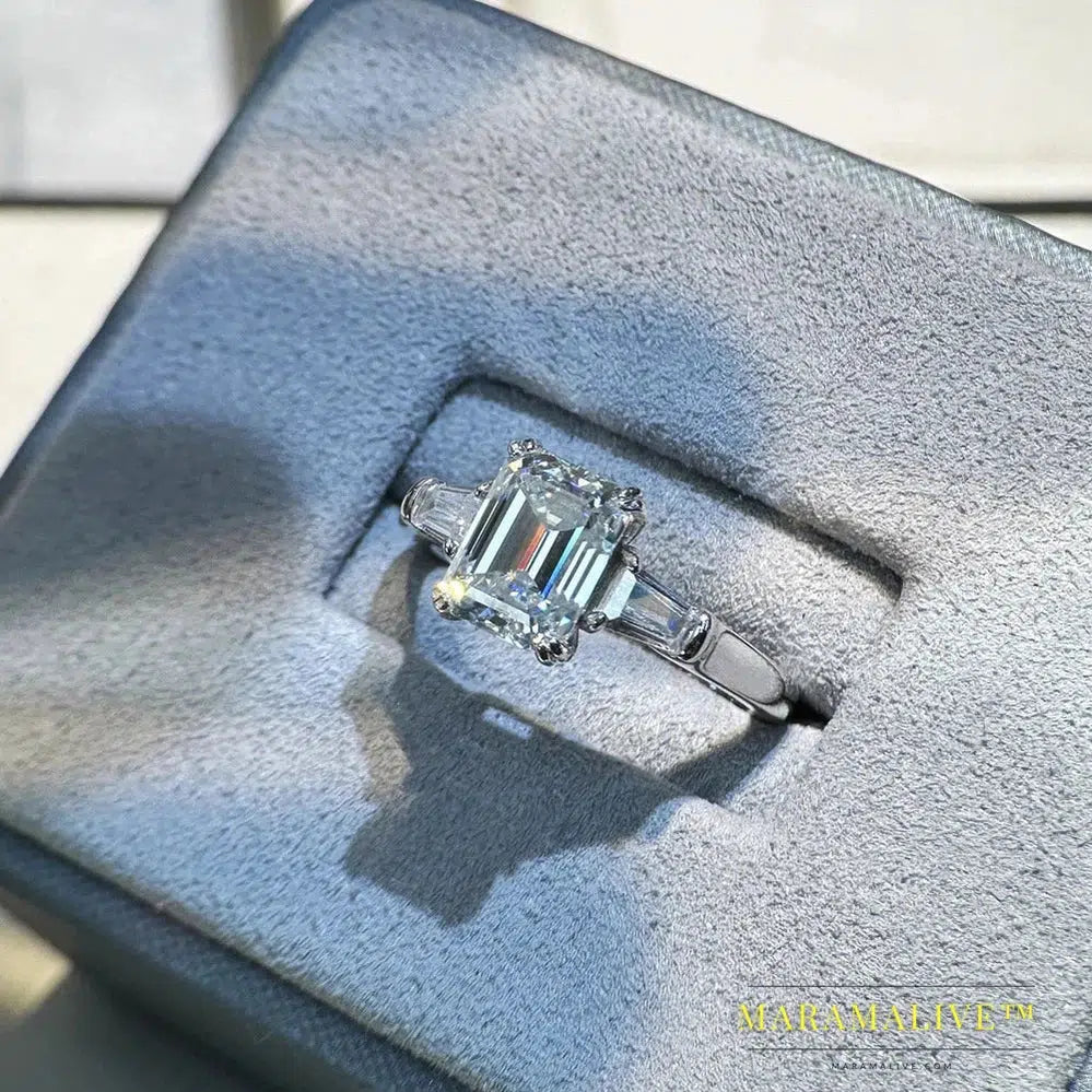 925 Sterling Silver 3EX VVS1 Emerald Cut 2CT Real Moissanite Pass Test Diamond Ring Wedding Engagement Jewelry