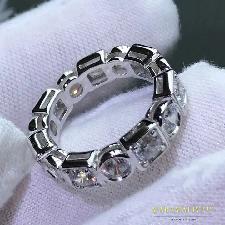 925 Sterling Silver 3.5mm Round Cut Full Eternity Ring for Women Simulated Diamond Square Engagement Wedding Band Ring