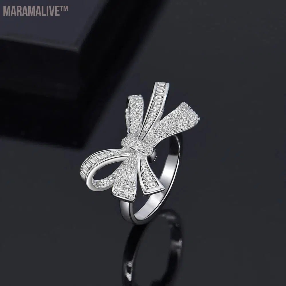 925 Sterling Silver Created Moissanite Gemstone Wedding Cocktail Fine Jewelry Bowknot Ring For Women Anniversary Gift