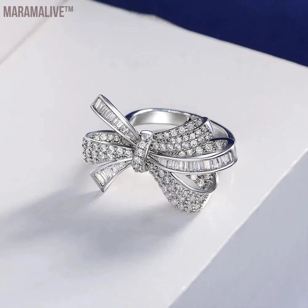 925 Sterling Silver Created Moissanite Gemstone Wedding Cocktail Fine Jewelry Bowknot Ring For Women Anniversary Gift