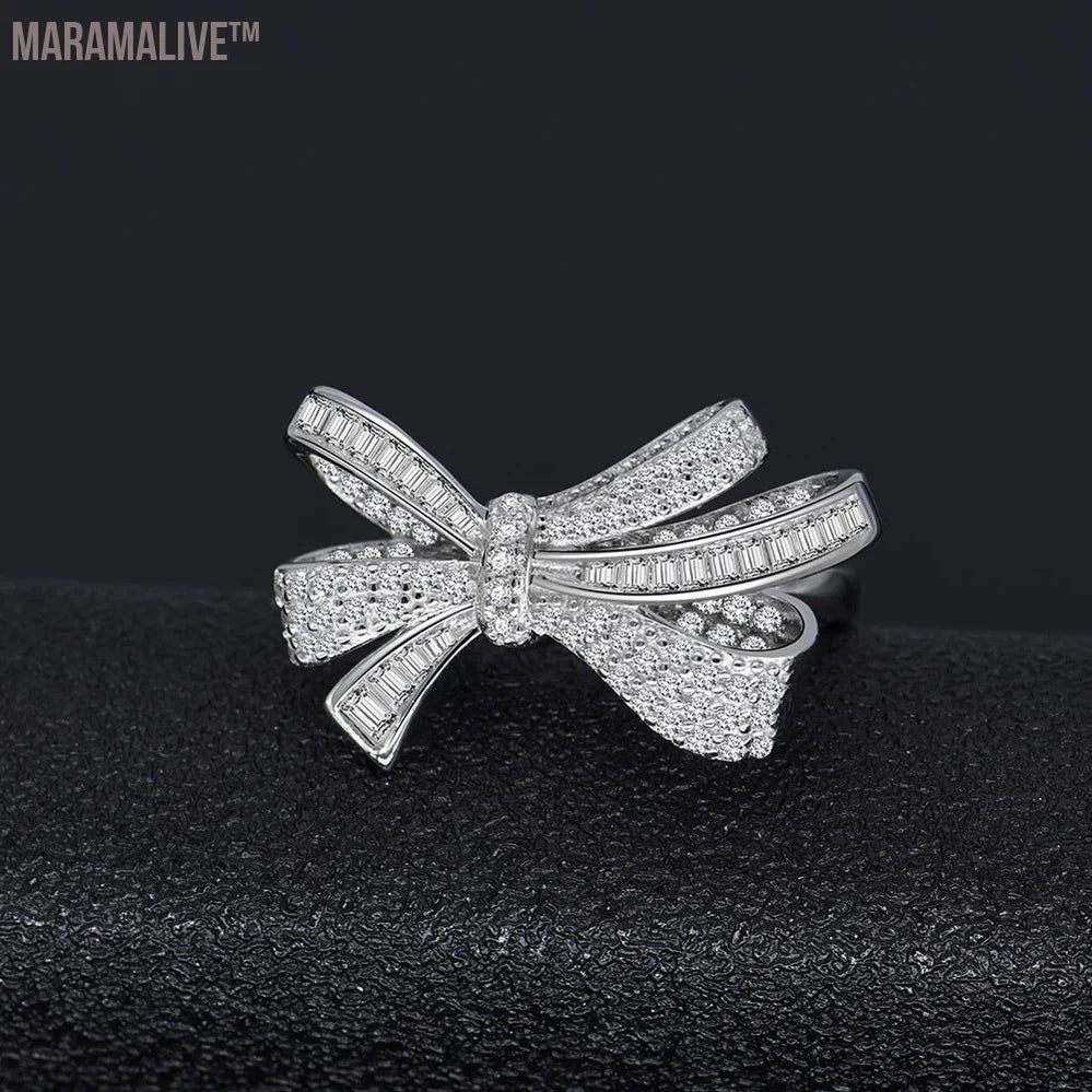 925 Sterling Silver Created Moissanite Gemstone Wedding Cocktail Fine Jewelry Bowknot Ring For Women Anniversary Gift