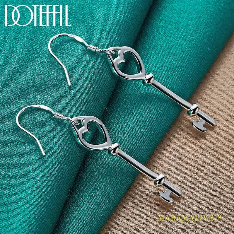 925 Sterling Silver Heart Key Drop Earrings For Woman Wedding Engagement Fashion Party Charm Jewelry