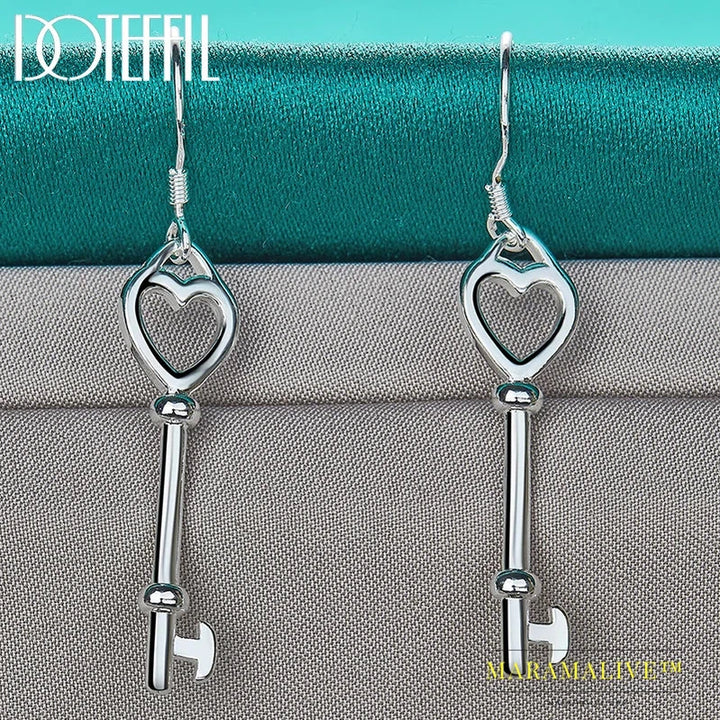 925 Sterling Silver Heart Key Drop Earrings For Woman Wedding Engagement Fashion Party Charm Jewelry