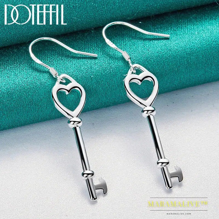 925 Sterling Silver Heart Key Drop Earrings For Woman Wedding Engagement Fashion Party Charm Jewelry