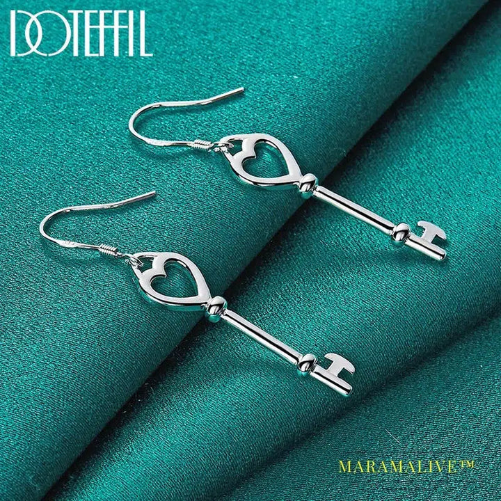 925 Sterling Silver Heart Key Drop Earrings For Woman Wedding Engagement Fashion Party Charm Jewelry