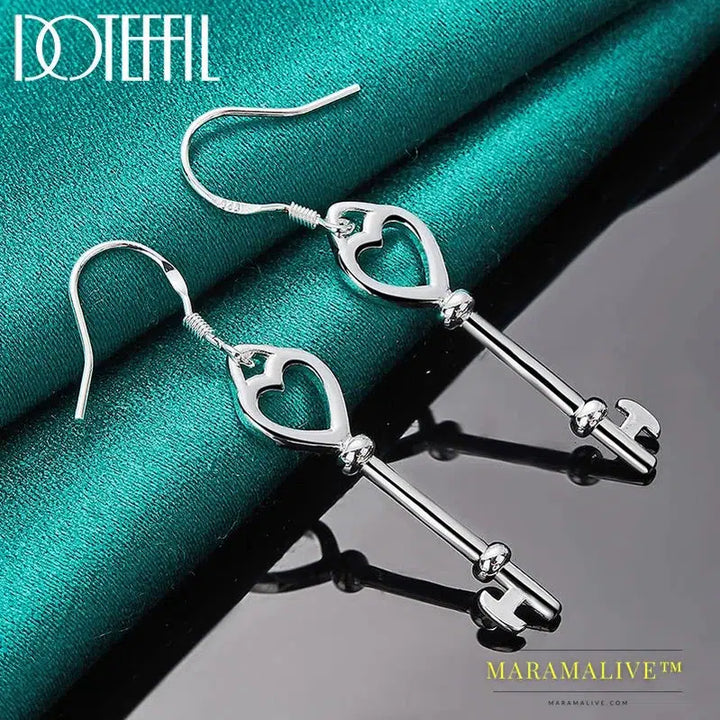 925 Sterling Silver Heart Key Drop Earrings For Woman Wedding Engagement Fashion Party Charm Jewelry