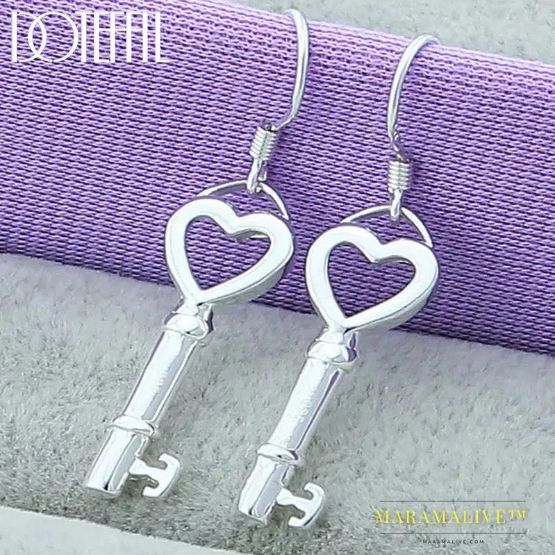 925 Sterling Silver Heart Key Drop Earrings For Woman Wedding Engagement Fashion Party Charm Jewelry