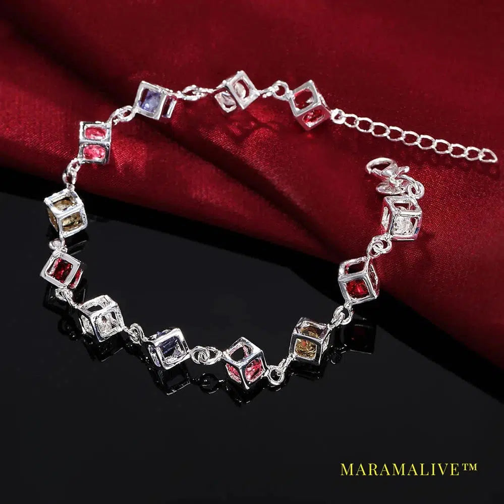 925 Sterling Silver Multicolor Square AAA Zircon Bracelet For Women Wedding Engagement Party Fashion Jewelry