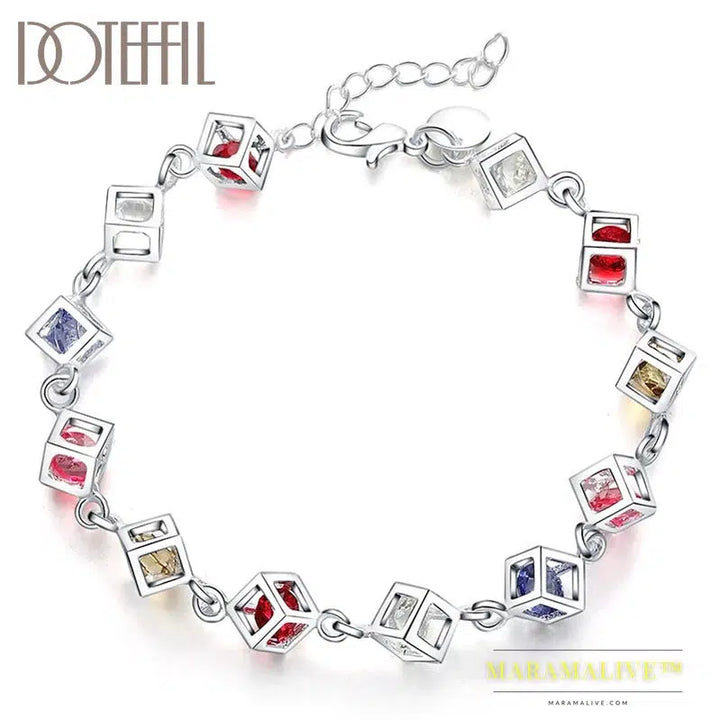 925 Sterling Silver Multicolor Square AAA Zircon Bracelet For Women Wedding Engagement Party Fashion Jewelry