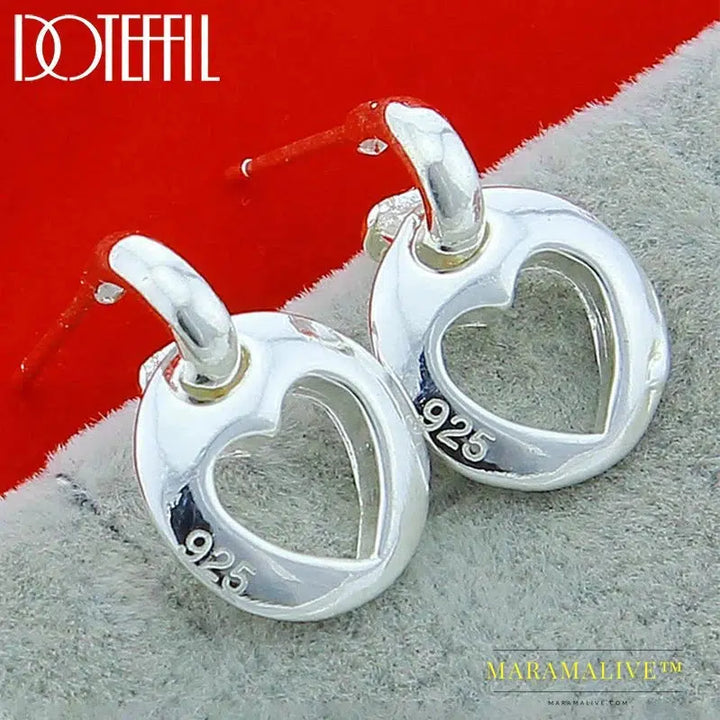 925 Sterling Silver Round Heart Stud Earring For Women Fashion Charm Wedding Engagement Party Jewelry