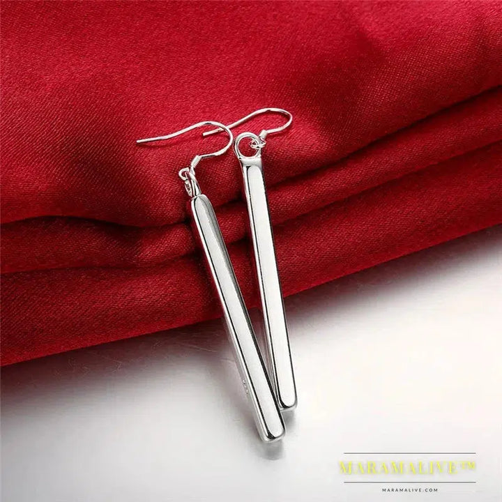 925 Sterling Silver Square Pillar Drop Earrings Women