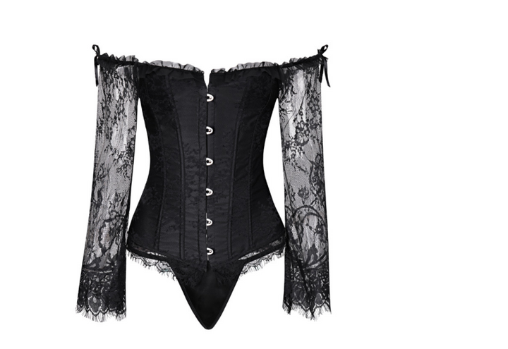 A Steampunk Gothic Lace Floral Off Shoulder Party Corset with long sleeves. (Maramalive™)