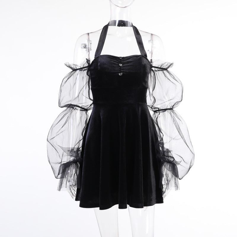 A Vintage Gothic Dress Strapless Lantern Sleeve Velvet Patchwork Mesh Dark Black with a ruffled sleeve by Maramalive™.
