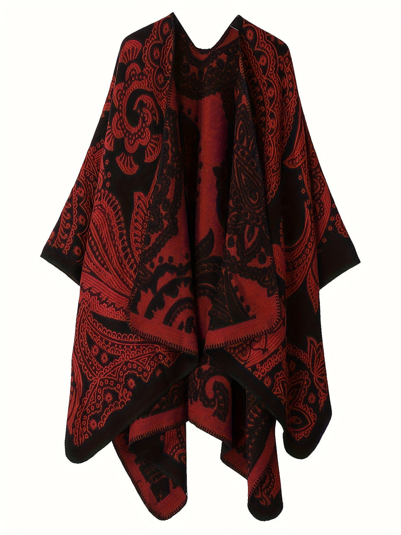 A Plus Size Ethnic Style Coat, Women's Plus Tribal Print Batwing Sleeve Open Front Waterfall Collar Shawl Cape Coat by Maramalive™, made of soft polyester with intricate designs, drapes over an invisible hanger against a white background, perfect for adding a touch of elegance to your Fall/Winter wardrobe.