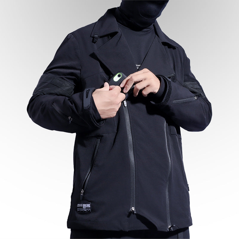 A man is wearing a Maramalive™ multi-purpose cotton jacket - casual functional coat for any occasion with a hood that embodies the rebel spirit.