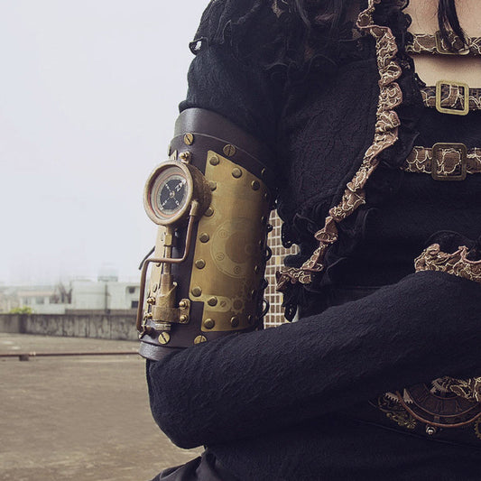A woman donning a Medieval Retro Steampunk Outdoor Compass Bracelet Jewelry outfit made of genuine leather and accented with metal.