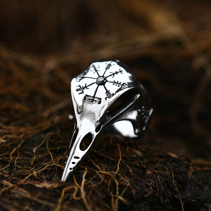 A Viking Crow Inlaid Jewel Vintage Compass Titanium Steel Men's Ring featuring a silver compass by Maramalive™.