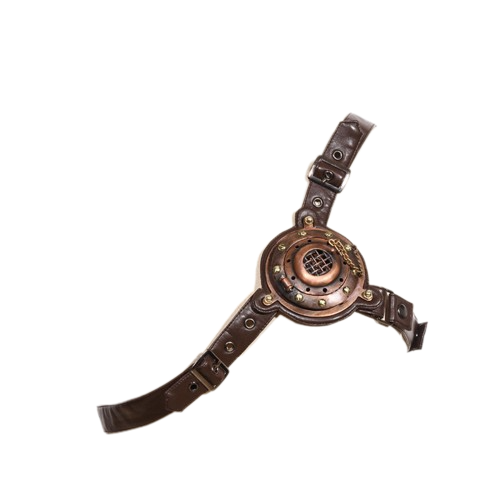 A Maramalive™ Steampunk chest buckle with a brown leather strap.